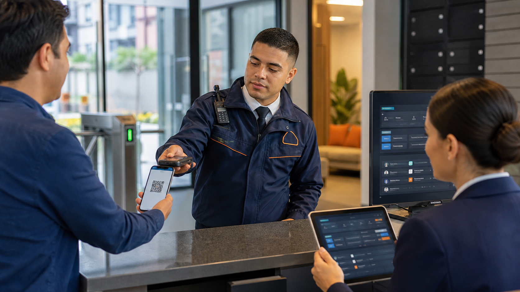 Portería validando un código QR de visitante autorizado
